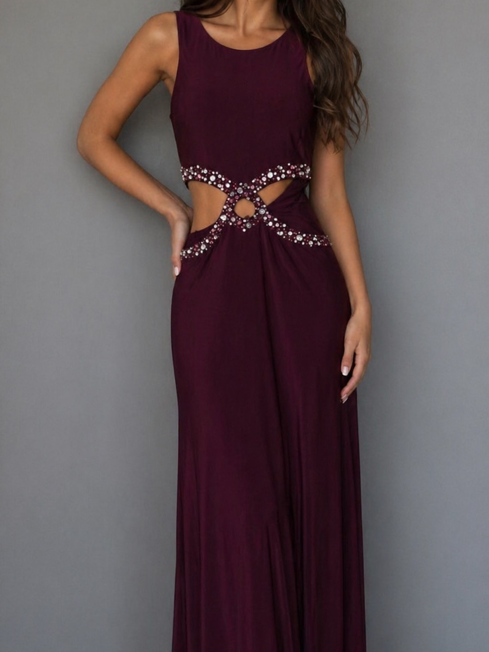 Y2K Burgundy Cutout Waist Rhinestone Embellished Maxi Dress NWT Size 5 Formal